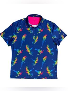 Birdie Bound Men's Parrot Print blue Golf Polo Shirt men’s size large NWT